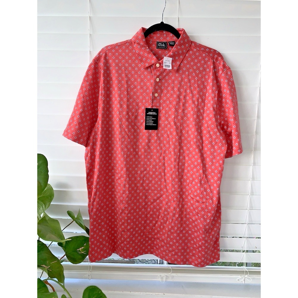 Jos A Bank Traveler Polo Shirt Mens‎ Large Coral Red Geometric Mercerized Cotton